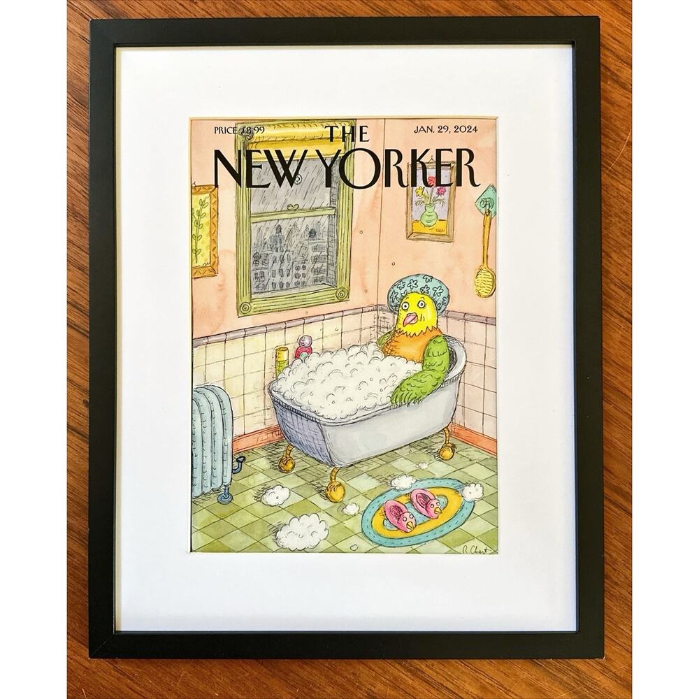 Framed 2024 The New Yorker Cover January 29 Bird Bath Roz Chast